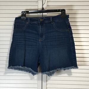 Just Be Dark Wash High Waisted Frayed Raw Hem Denim Blue Jean Shorts M